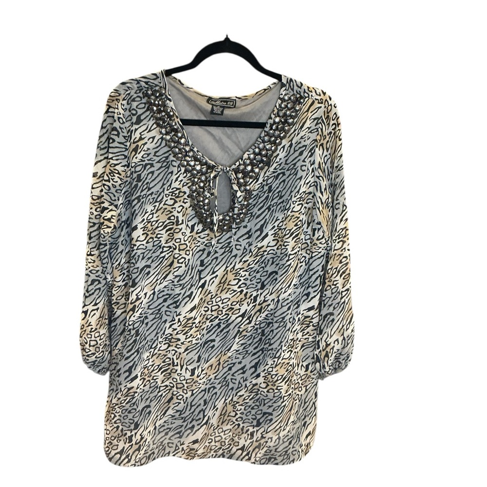 Metro 22 1X Animal Print Tunic Top Beaded Sequin Keyhole